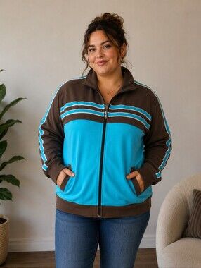 All American Comfort Track Jacket Womens 1X Brown Blue Vtg Athleisure Full Zip